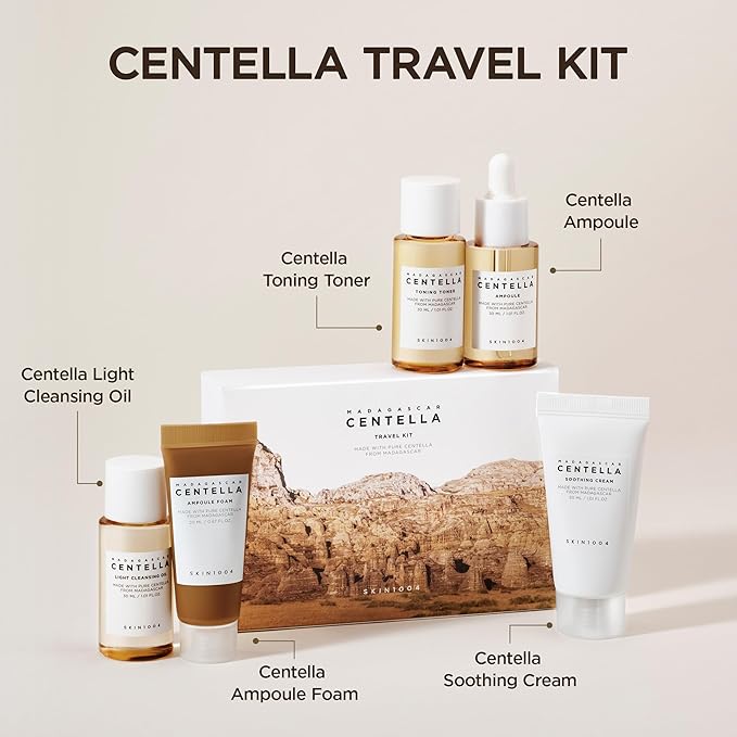 SKIN1004 Madagascar Centella Travel Kit, Toner, Ampoule, Soothing Cream, Cleansing Oil, Ampoule Foam, Basic Skincare Box