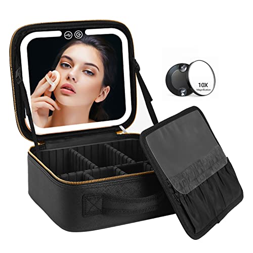 VANMRIOR Travel Makeup Bag with LED Lighted Make up Case with Mirror 3 Color Setting Cosmetic Makeup Box Organizer Vanity Case for Women Beauty Tools Accessories Case Rechargeable - Lines & Co
