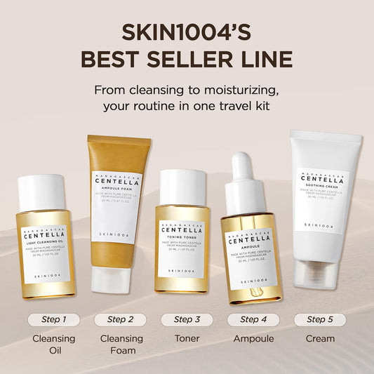 SKIN1004 Madagascar Centella Travel Kit, Toner, Ampoule, Soothing Cream, Cleansing Oil, Ampoule Foam, Basic Skincare Box