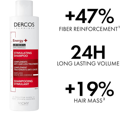 Vichy Dercos shampoo bottle with product features on a white background