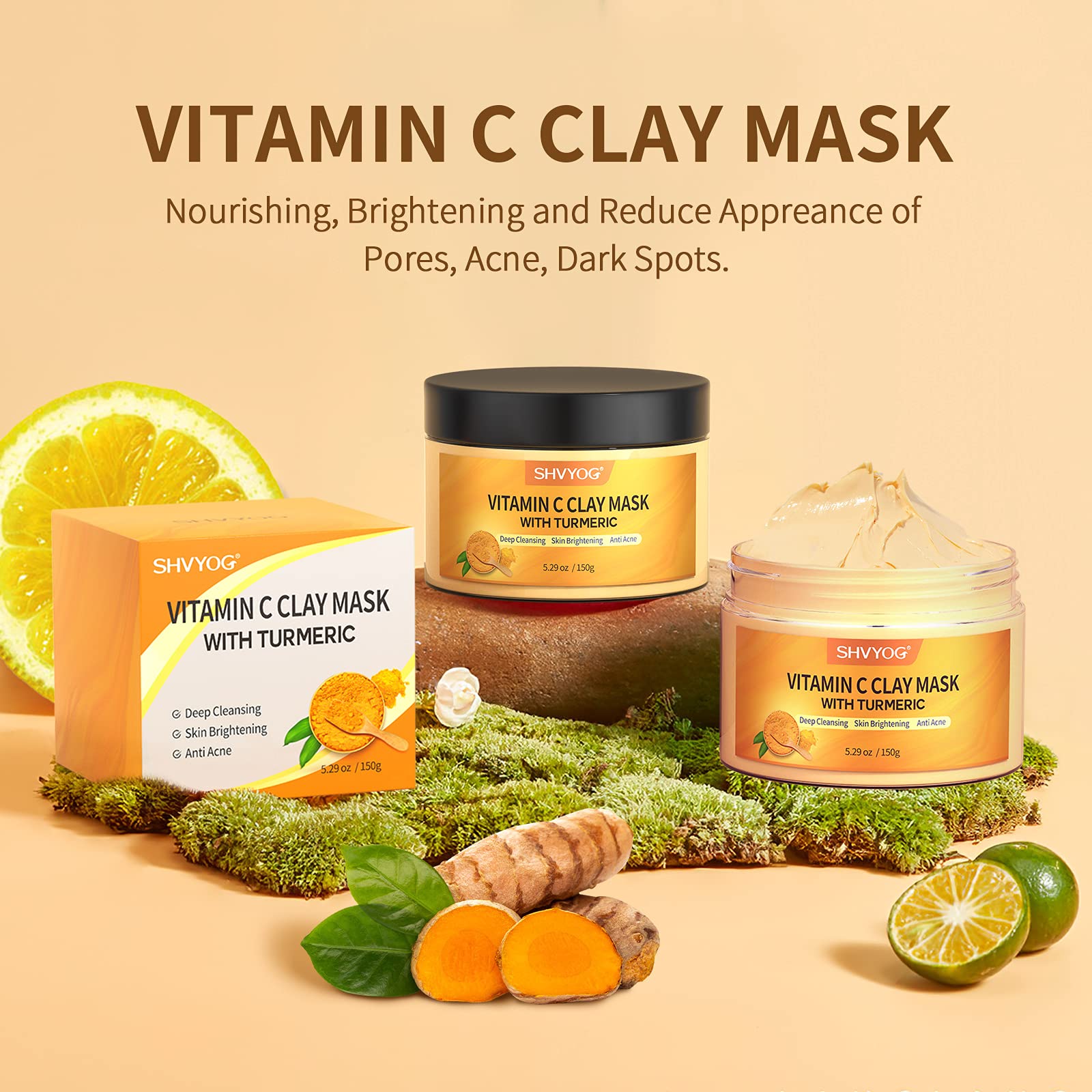Vitamin C Face Mask with Kaolin Clay and Turmeric for Dark Spots, Dull Skin, Skincare Facial Mask for Controlling Oil and Refining Pores 5.29 Oz - Lines & Co