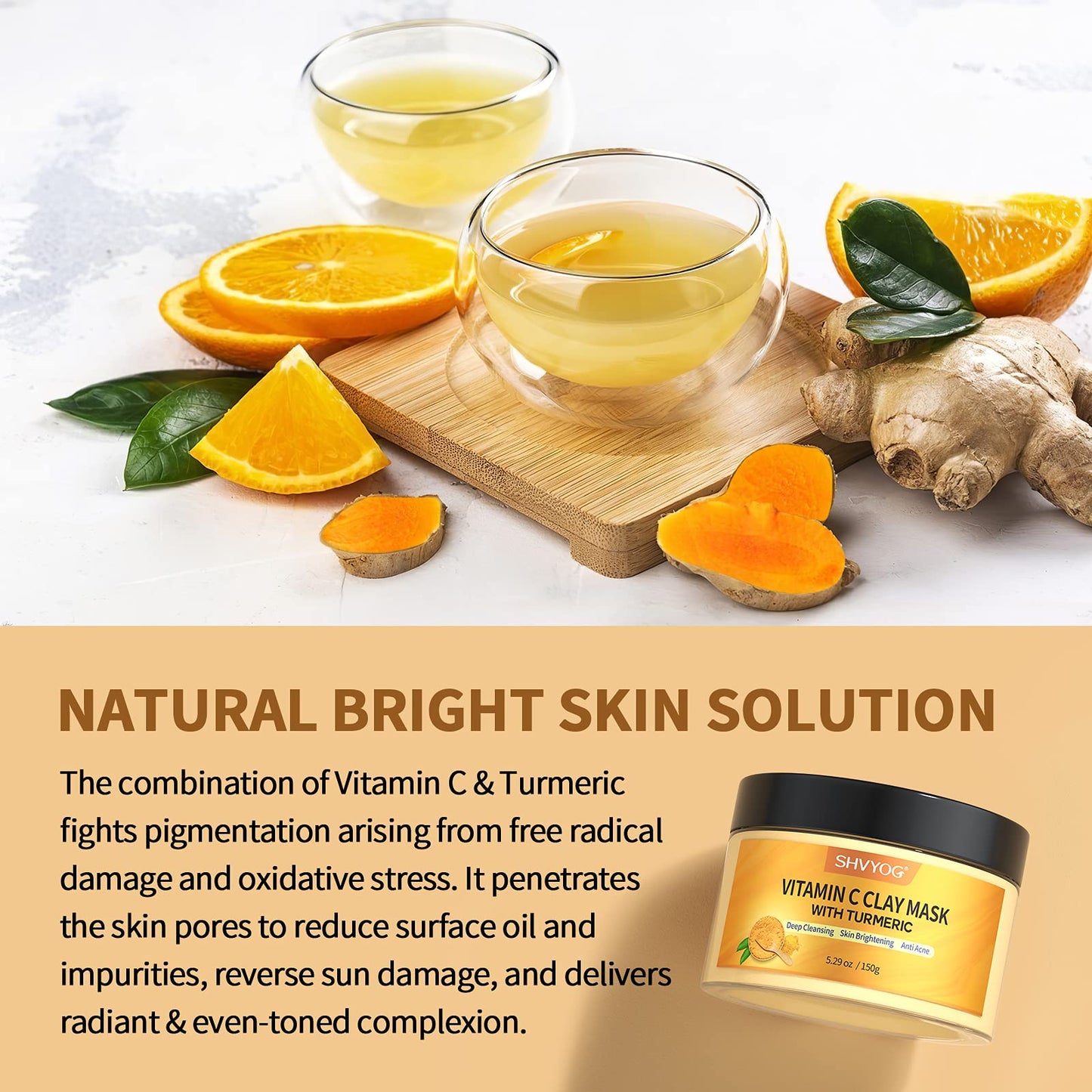 Vitamin C Face Mask with Kaolin Clay and Turmeric for Dark Spots, Dull Skin, Skincare Facial Mask for Controlling Oil and Refining Pores 5.29 Oz - Lines & Co
