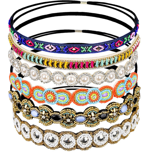 Teenitor 6 Pieces Elastic Rhinestone Beaded Women Headbands, Handmade Vintage Jewelry Hair Bands for Girl Hair Accessories 20-26.8’’ Multicolor - Lines & Co