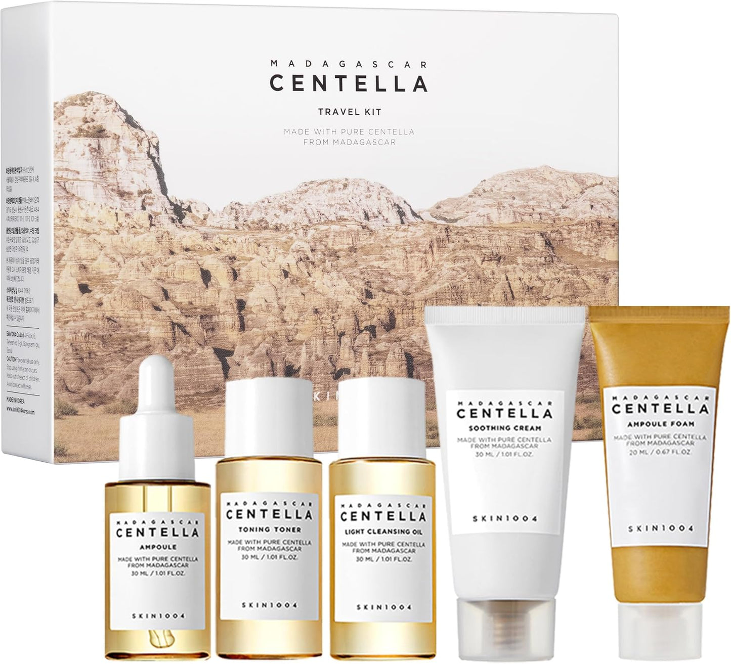 SKIN1004 Madagascar Centella Travel Kit, Toner, Ampoule, Soothing Cream, Cleansing Oil, Ampoule Foam, Basic Skincare Box
